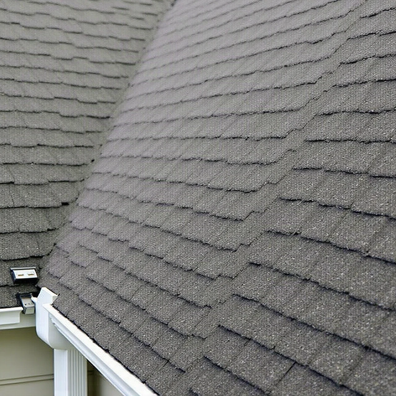 Steep close view photograph of a residential asphalt shingle roof with a valley, plumbing vent pipe and metal flashing at a wall junction