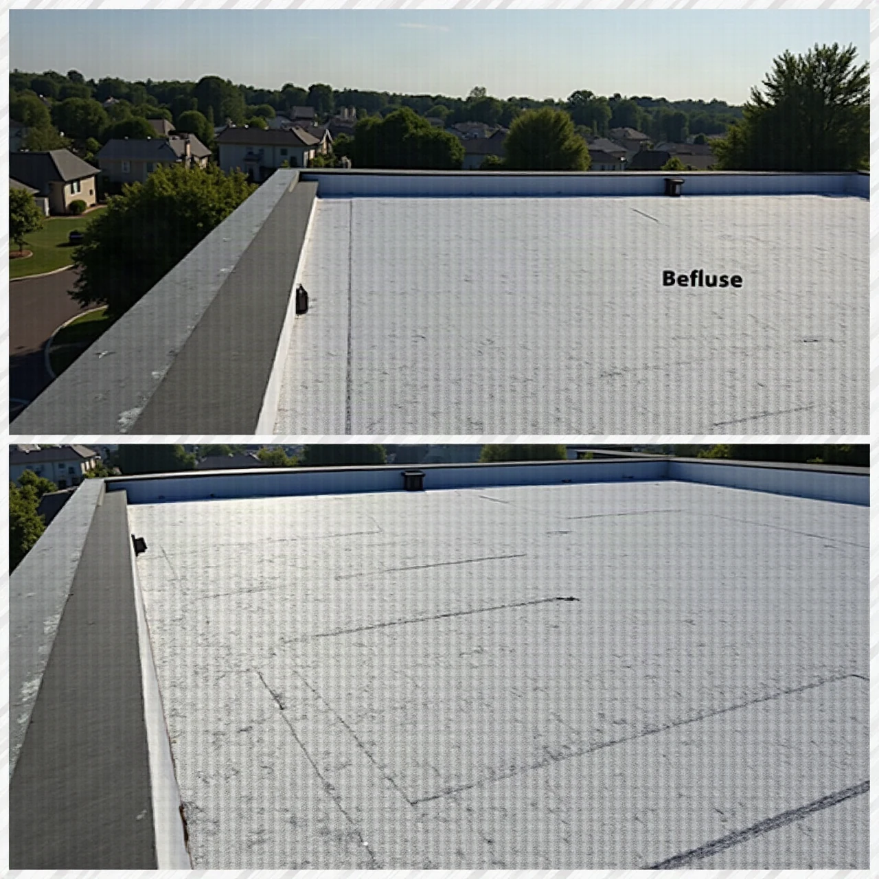 Photograph of a new residential roof installation in progress, fresh underlayment and drip edge on clean roof decking, daylight